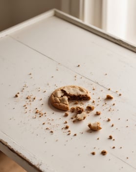 A cookie on a table with crumbs on it photo