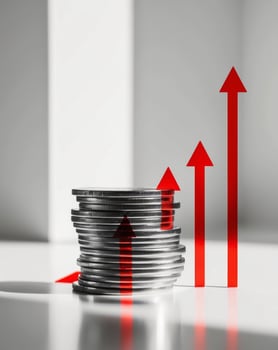 A stack of coins with arrows going up photo