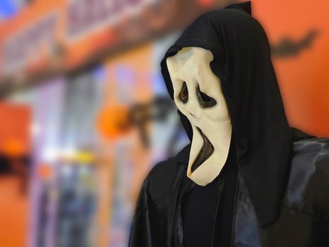 Halloween theme background, Character ghost white mask, copy space photo