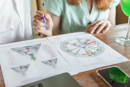 Tver, Russia - August 2, 2021. A woman in a cafe at a table is studying the design of a person. The concept of studying esoteric sciences. A bodigraph or a map of a person on an A4 sheet. photo