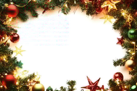 Christmas Ornament and Lights Frame with White Background photo