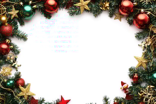 Festive Christmas Decorations Frame with Ornaments, Stars, and Green Pine Branches photo