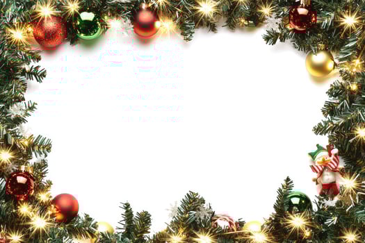 Christmas Garland Border with Lights, Ornaments, and Snowman Decoration photo