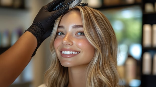 Blonde Woman Getting Hair Coloring Treatment at Salon. Concept of hair care, beauty, fashion, and self care photo