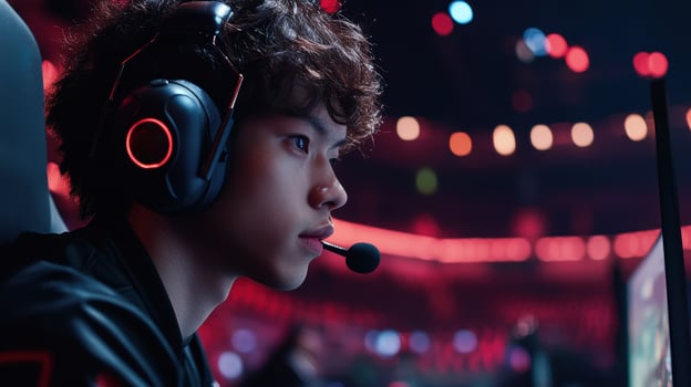 Focused Gamer Competing in Esports Tournament photo