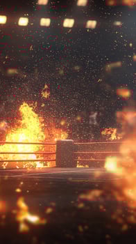atmosphere is electrifying as a boxing ring is dramatically illuminated by flames setting the stage for an intense night of competitive fighting and excitement. photo