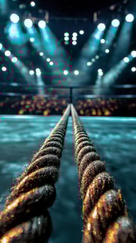 boxing ring is framed with tightly stretched ropes capturing the anticipation of the crowd under bright lights. The arena buzzes with energy as the match is about to begin. photo