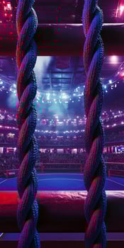 boxing ring is brightly lit surrounded by cheering fans with three thick ropes framing the view. The atmosphere is electric as the event unfolds in the arena. photo