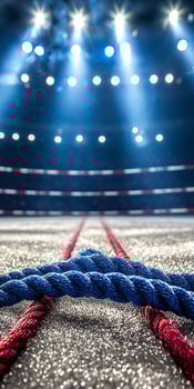 engaging boxing ring featuring three colored ropes is illuminated by bright overhead lights creating an electric atmosphere for a combat sports event. photo