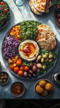 Delicious hummus and falafel platter surrounded by fresh vegetables and pita bread for a mediterranean feast photo