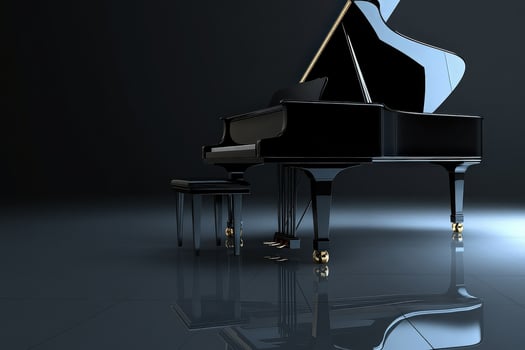 An elegant grand piano sits on a polished surface, reflecting its smooth curves and shiny black finish. The clean background emphasizes the pianos design, creating a sophisticated ambiance. photo
