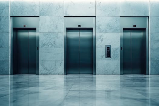 The sleek, minimalist design of elevator doors is showcased in a modern lobby featuring smooth marble walls and flooring, offering an inviting and sophisticated atmosphere. photo