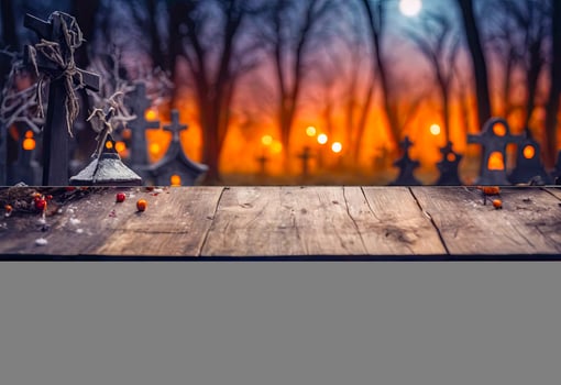 An orange Halloween pumpkin sits on a wooden table with a blurred graveyard in the background. photo