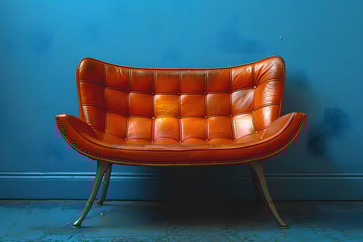 Mid-Century Modern Orange Leather Sofa Against Vibrant Blue Wall for Interior Design Inspiration photo