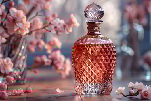Elegant Crystal Perfume Bottle Surrounded by Cherry Blossom Decor for Spring Decor and Aromatic Inspiration photo