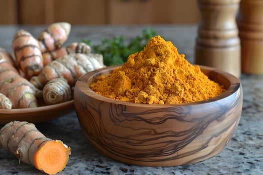 Fresh Turmeric Roots and Ground Powder in Wooden Bowl for Natural Cooking and Health photo