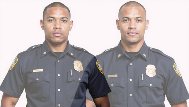 AfricanAmerican Policeman Isolated Against White Background Copy Space Available photo