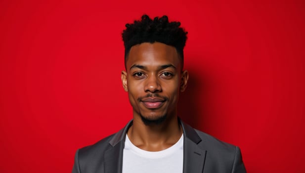 An African American man with an Afro stands against a red backdrop photo