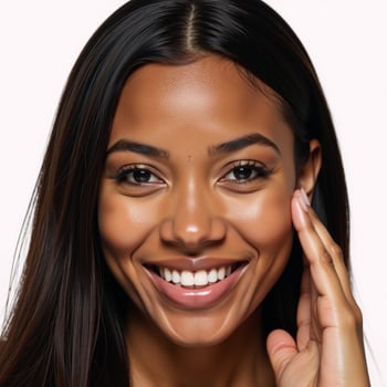 Isolated white background featuring an emoticon portrait of a smiling black woman memoji photo