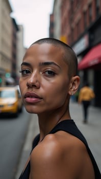 Closeup 4k image Bald African American woman with tattoos on city street beautiful unique photo