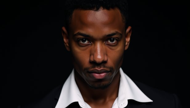 Portrait of a darkskinned African American man against a black backdrop photo
