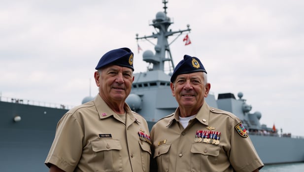 African American veteran naval couple honors Veterans Day alongside a warship photo