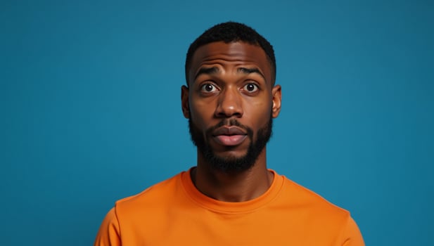 Expressive portrait of confused African American man in orange against blue backdrop photo
