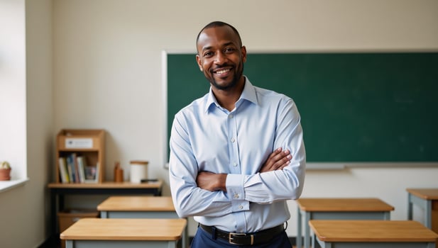 Portrait depicting an AfricanAmerican middleaged male teacher in his classroom setting photo