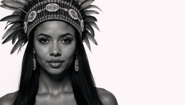Blackandwhite portrait showcases an African American woman wearing traditional headwear and jewelry with flowing dark hair photo