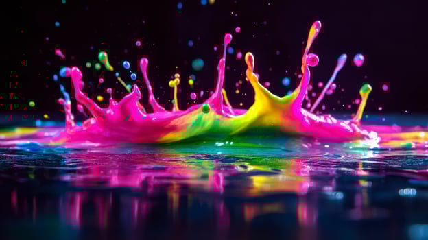 Colorful paint splashing on dark surface creating rainbow reflection photo