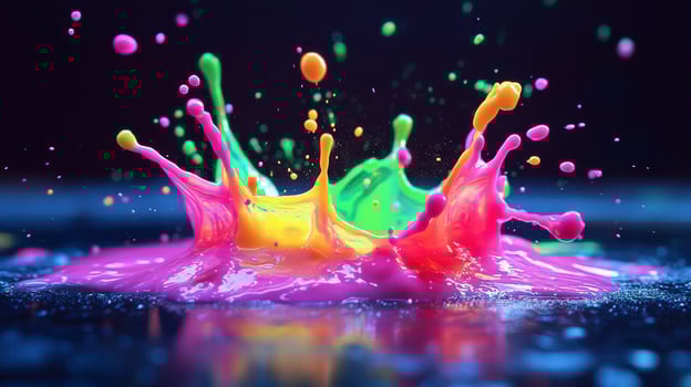 Colorful neon paint splashing on dark surface photo