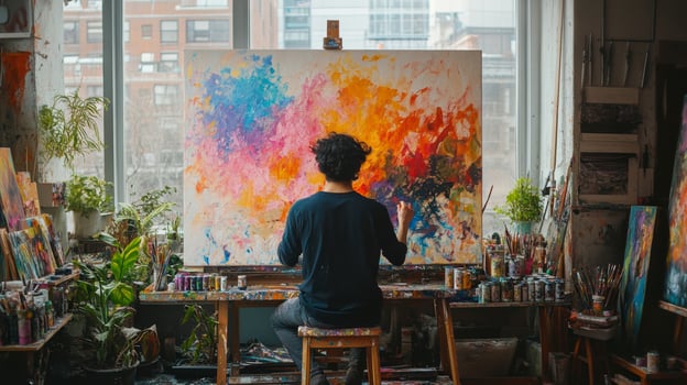 Male artist painting large colorful abstract artwork in his studio photo