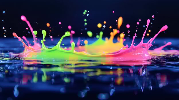 Colorful neon paint splashing on dark water surface photo