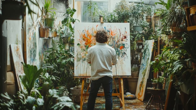 Artist painting on large canvas in lush green art studio photo
