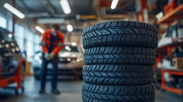 Mechanic changing winter tires in a car repair shop photo