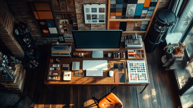 Designer workspace with computer and color swatches from above photo