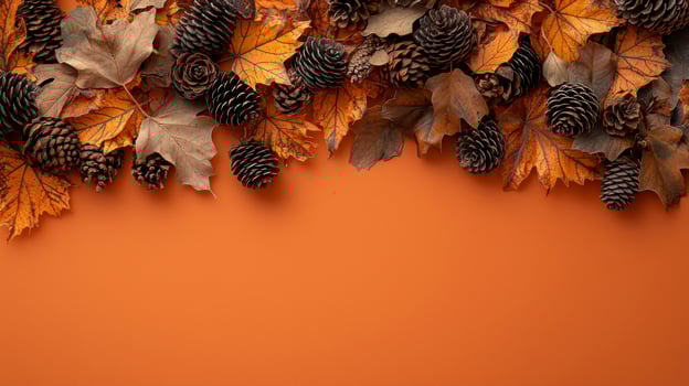 Autumn leaves and pine cones forming a border on orange background photo
