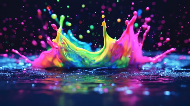 Colorful neon paint splashing on dark wet surface photo