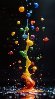 Splashing colorful paint drops on black background photo