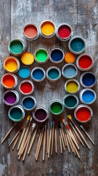 Open paint cans arranged in circle on rustic wooden table with paintbrushes photo