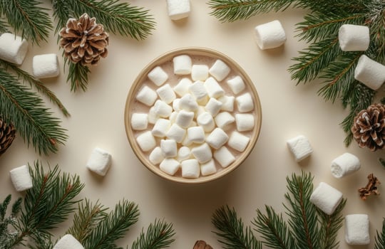 Warm cocoa topped with marshmallows surrounded by pine branches and pinecones for winter photo