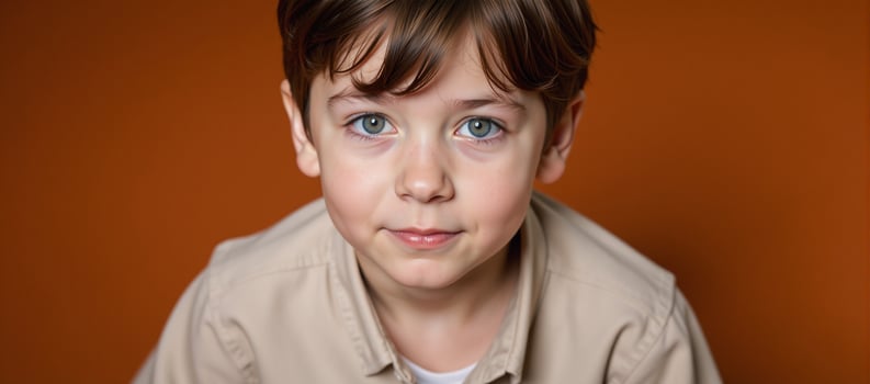 Young boy brown hair blue eyes gazes into the lens photo