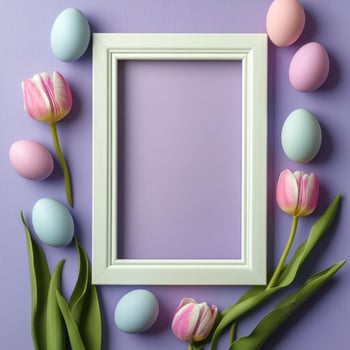 Colorful Easter eggs arranged with flowers around a blank picture frame on a purple background photo