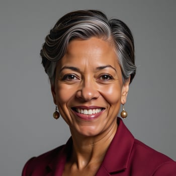 A confident AfricanAmerican woman with short gray hair in her fifties conveys maturity and selfassuredness photo