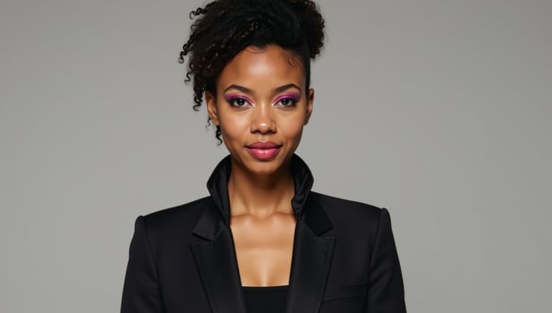 A fashionforward African American model stands in front of an elegant backdrop sporting vibrant makeup striking hairstyle and a confident pose exuding glamour and charm photo