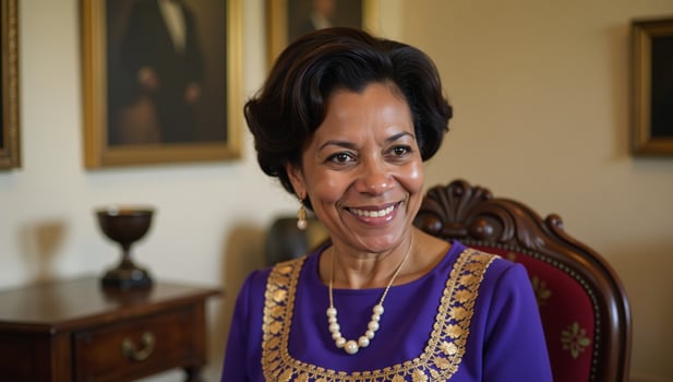 Portrait of an elder AfricanAmerican woman smiling in traditional setting Heritage Home photo