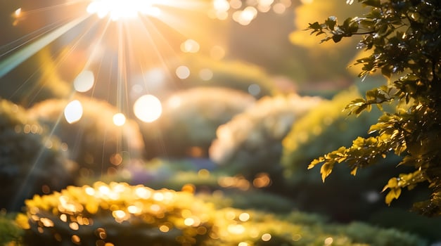 Garden in the morning with blue yellow and blur background, defocused background for wallpaper photo
