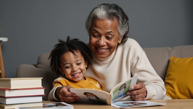 Elderly African American woman and grandchild bond over a family photo album or book at home portrait setting