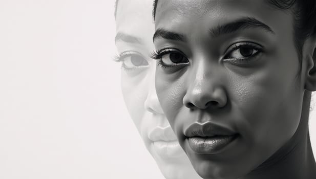 Black African American womans charcoal sketch portrait featuring expressive lines and shading on a neutral white background with copiespace photo