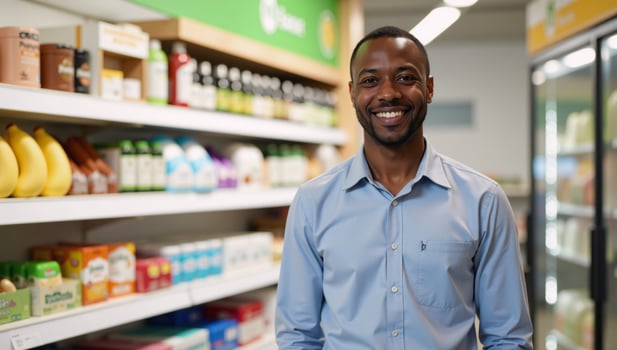 Smiling African American male working as a store manager at a health food shop photo
